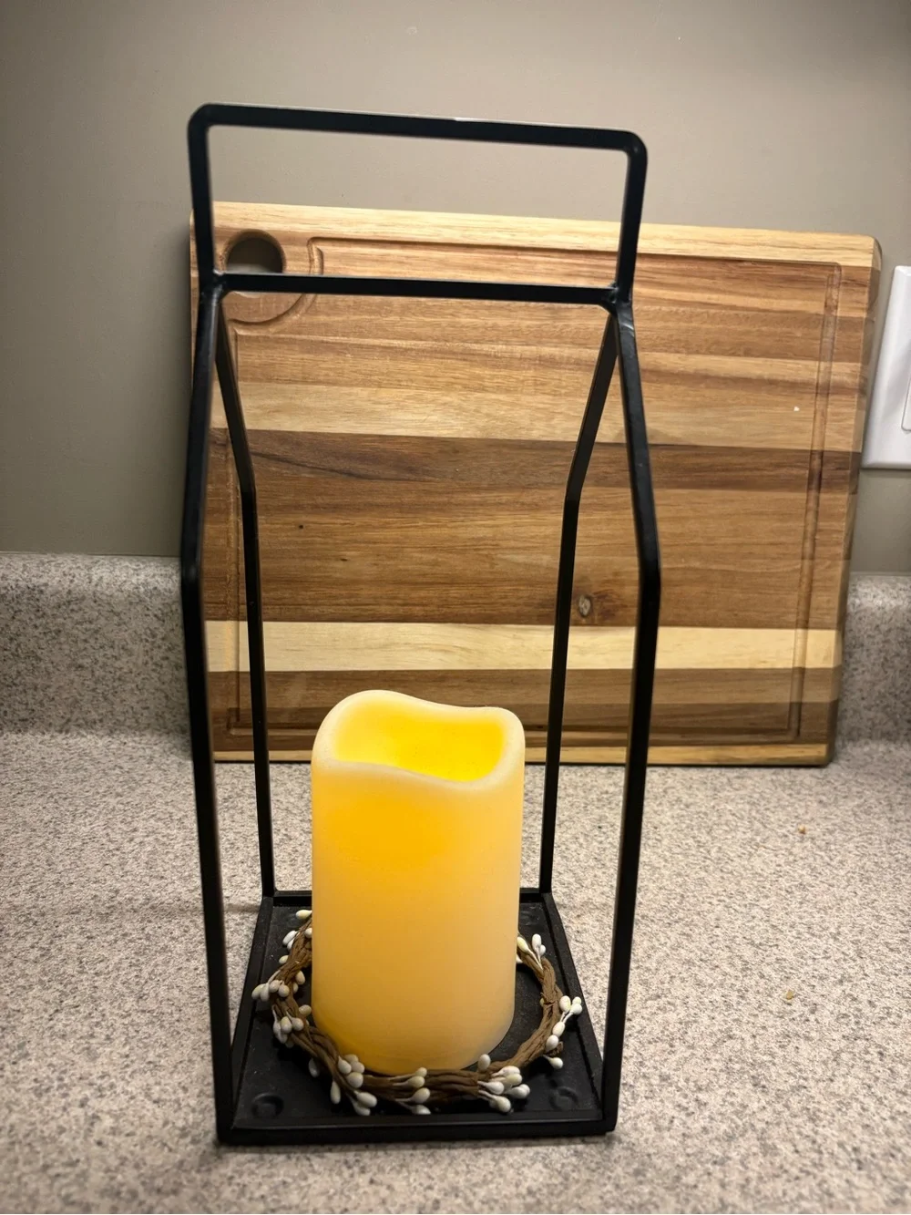 Black Metal Lantern with Yellow LED Pillar Candle